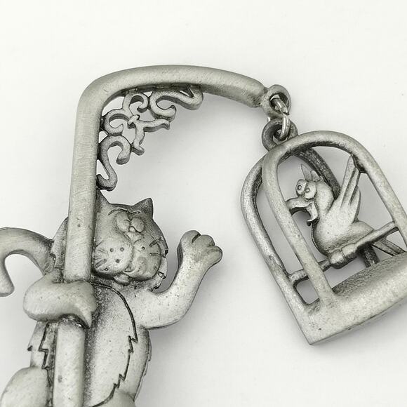 Vintage JJ Jonette Silver Tone Cat & Bird in cage Dangle Articulated Brooch Pin - Picture 4 of 7